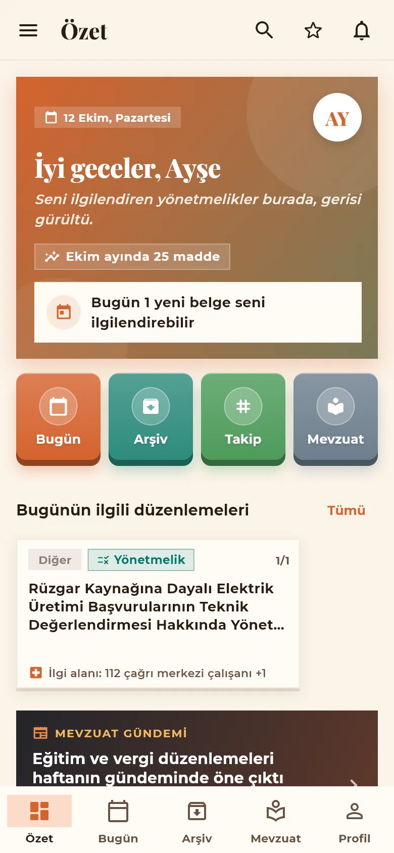 Mevzuat Cebimde Özet ekranı